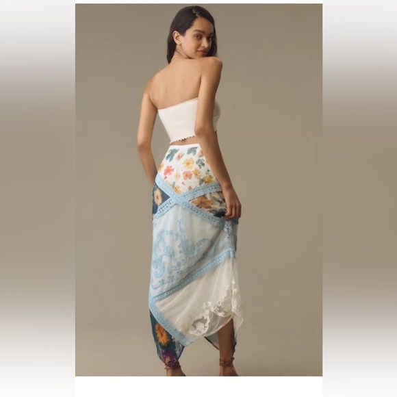 Anthropologie Printed Mermaid Maxi Skirt Embroider Mesh Floral Mix Blue Motif - Picture 3 of 7